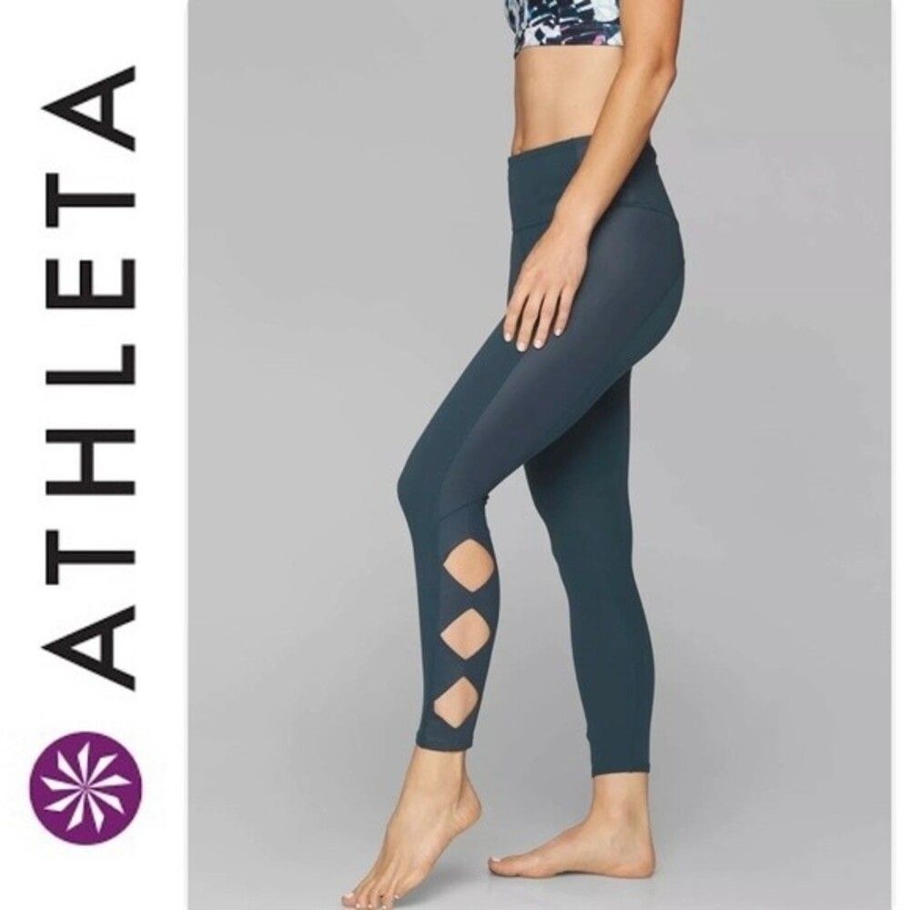 Athleta Cobra Tight Leggings Ankle Crop Criss Cross Cutout Abyss Teal S 158847